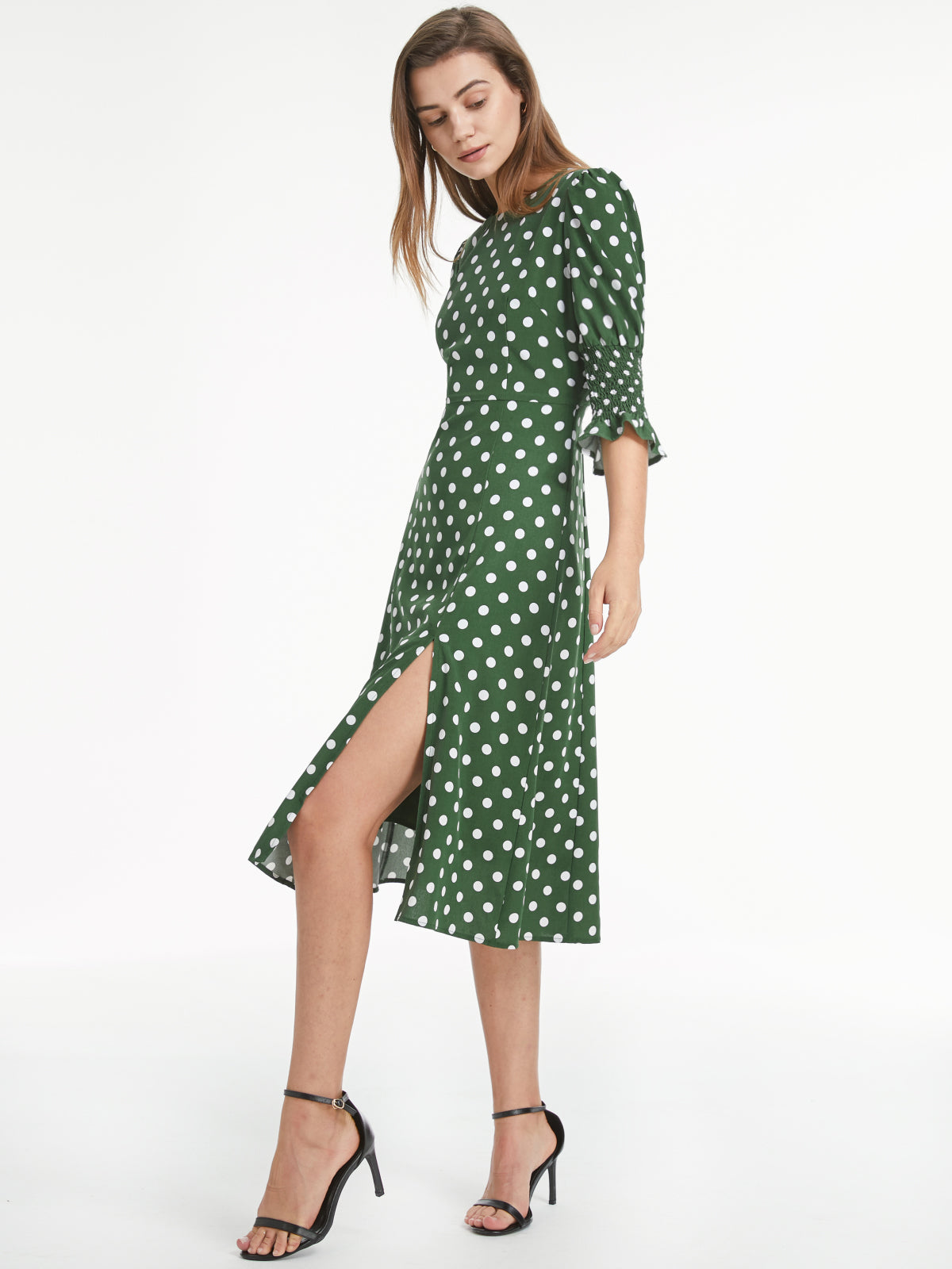 Short Puff Sleeve Straight Neck Polka Dot Slit Dress