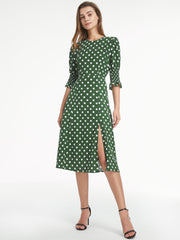 Short Puff Sleeve Straight Neck Polka Dot Slit Dress