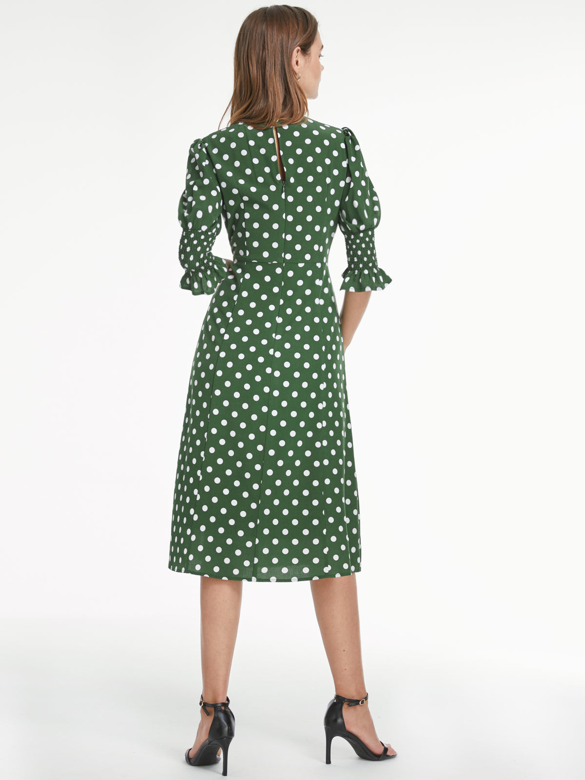 Short Puff Sleeve Straight Neck Polka Dot Slit Dress