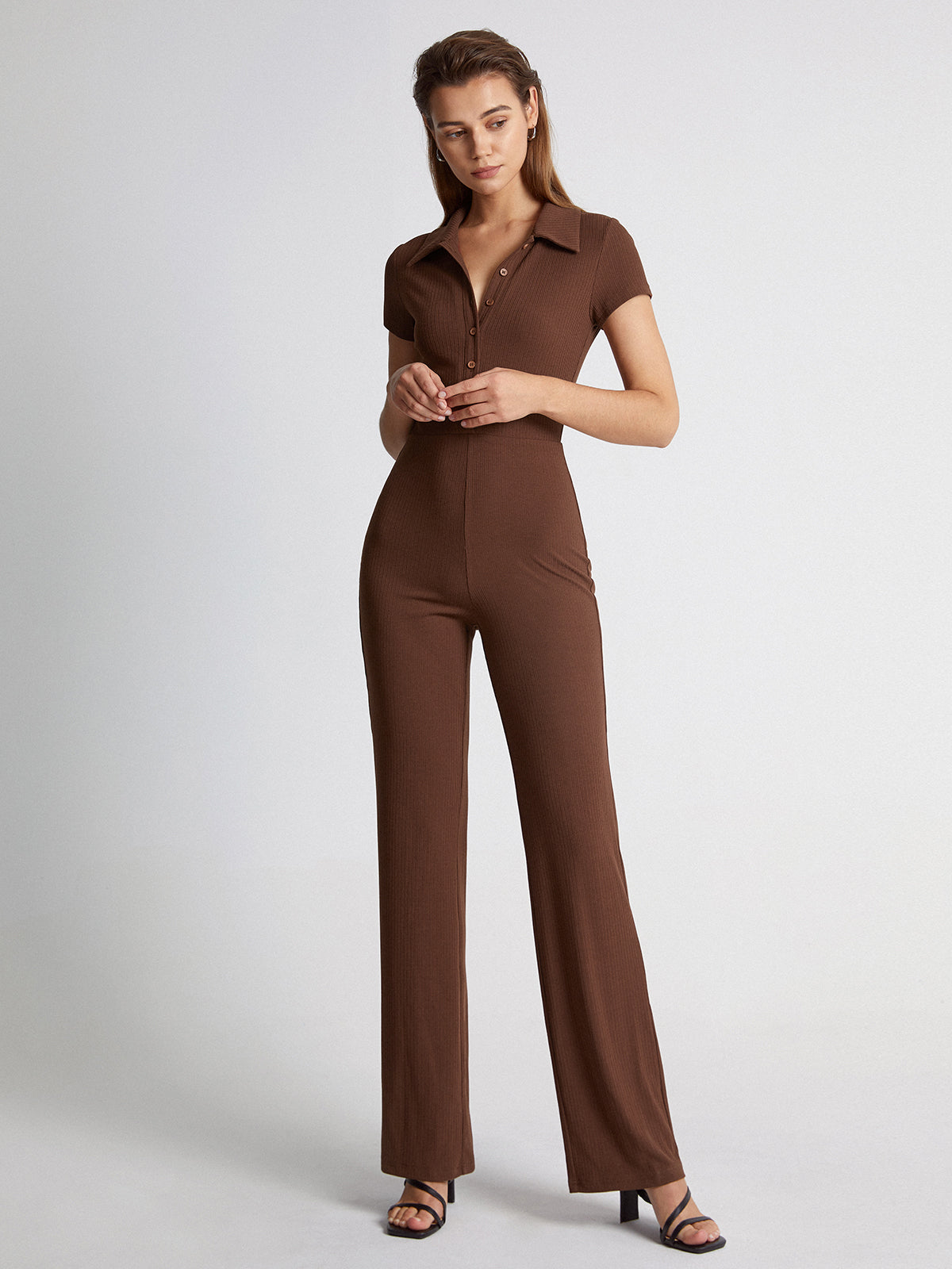 Short Sleeve Ribbed Button Front Collared Straight Leg Jumpsuit