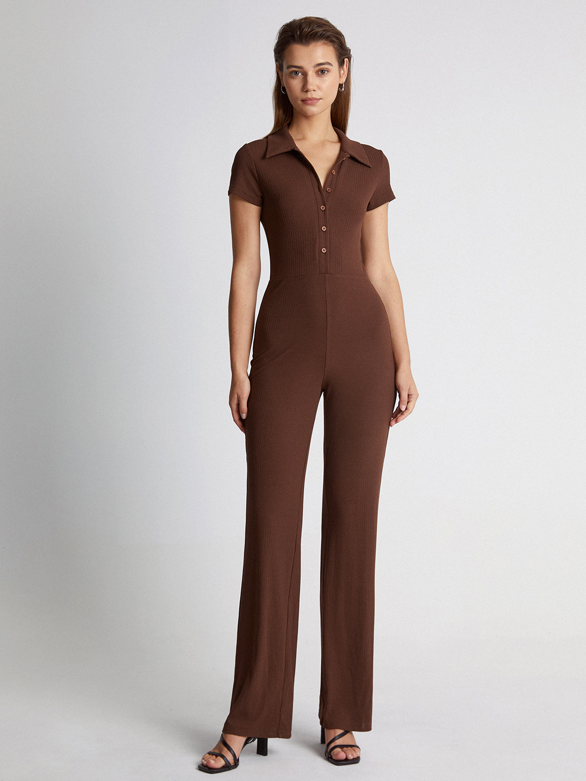 Short Sleeve Ribbed Button Front Collared Straight Leg Jumpsuit