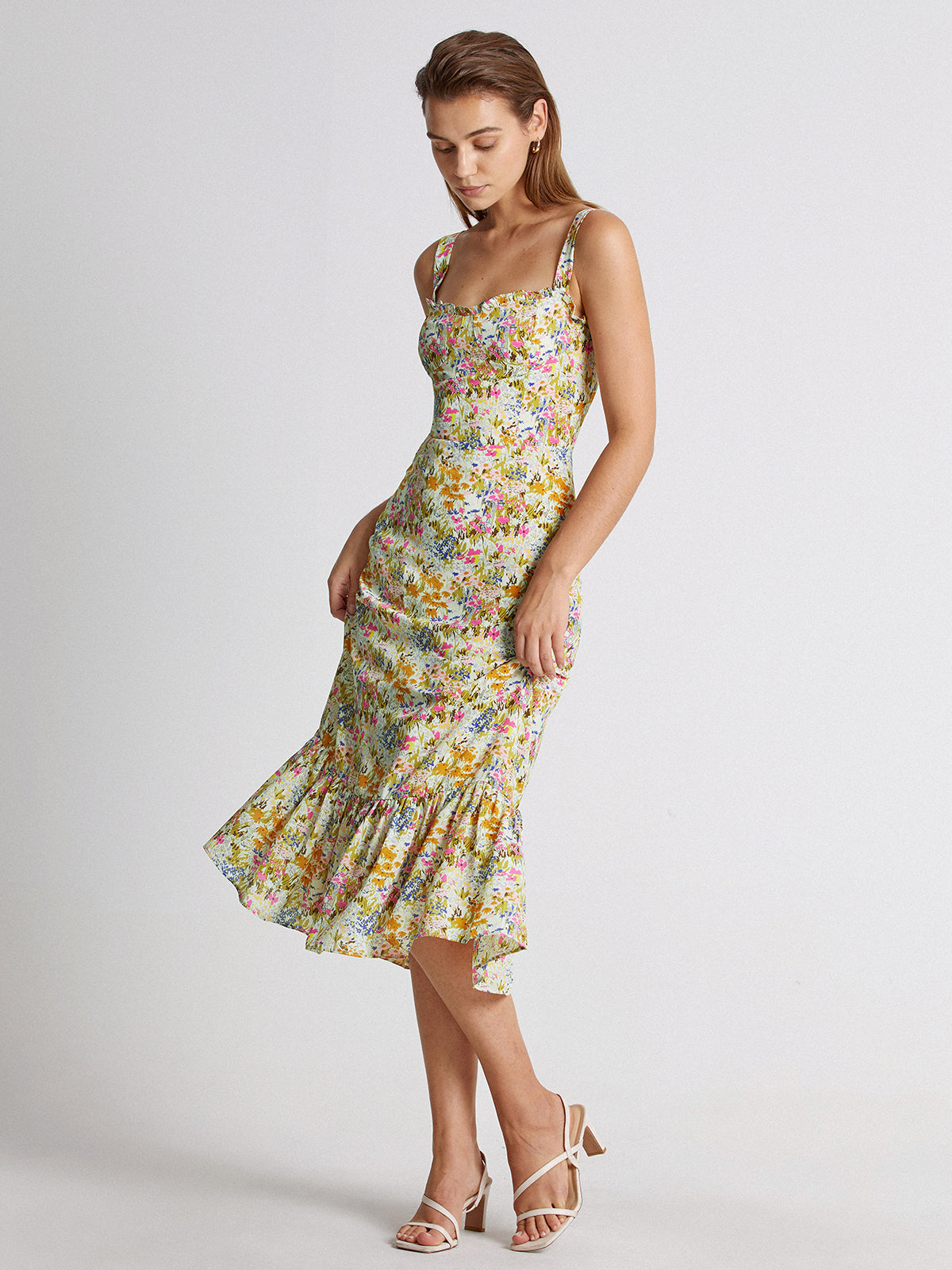 Sweetheart Floral Garden Ruffle Hem Midi Strap Dress