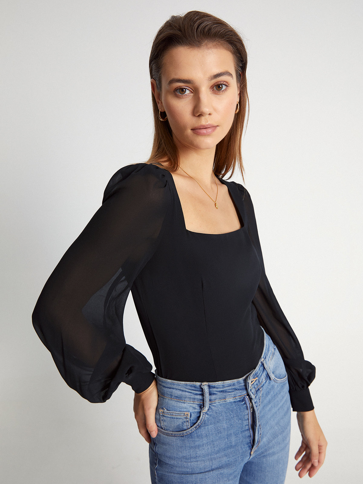 Mesh Puff Sleeve Square Neck Top