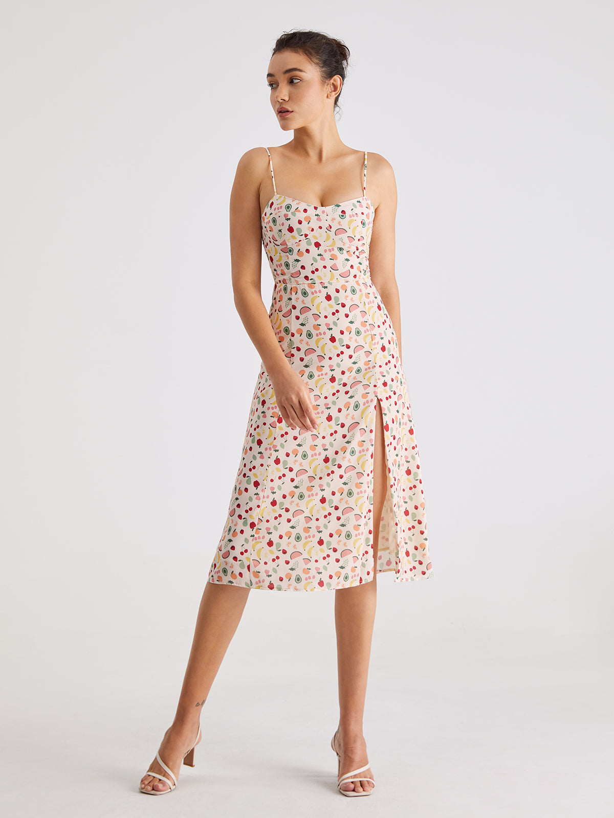 Sweetheart Fruit Pattern Midi Slit Strap Dress