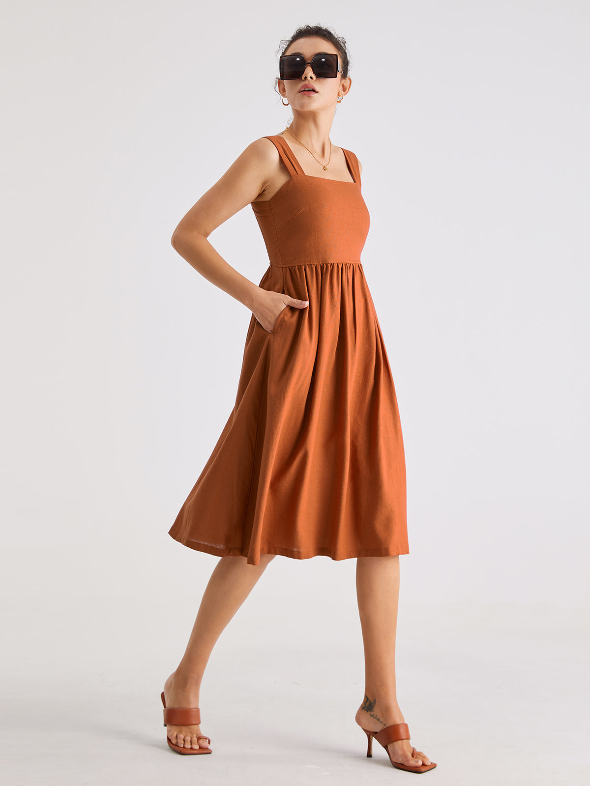 Square Neck A Line Pleat Strap Dress