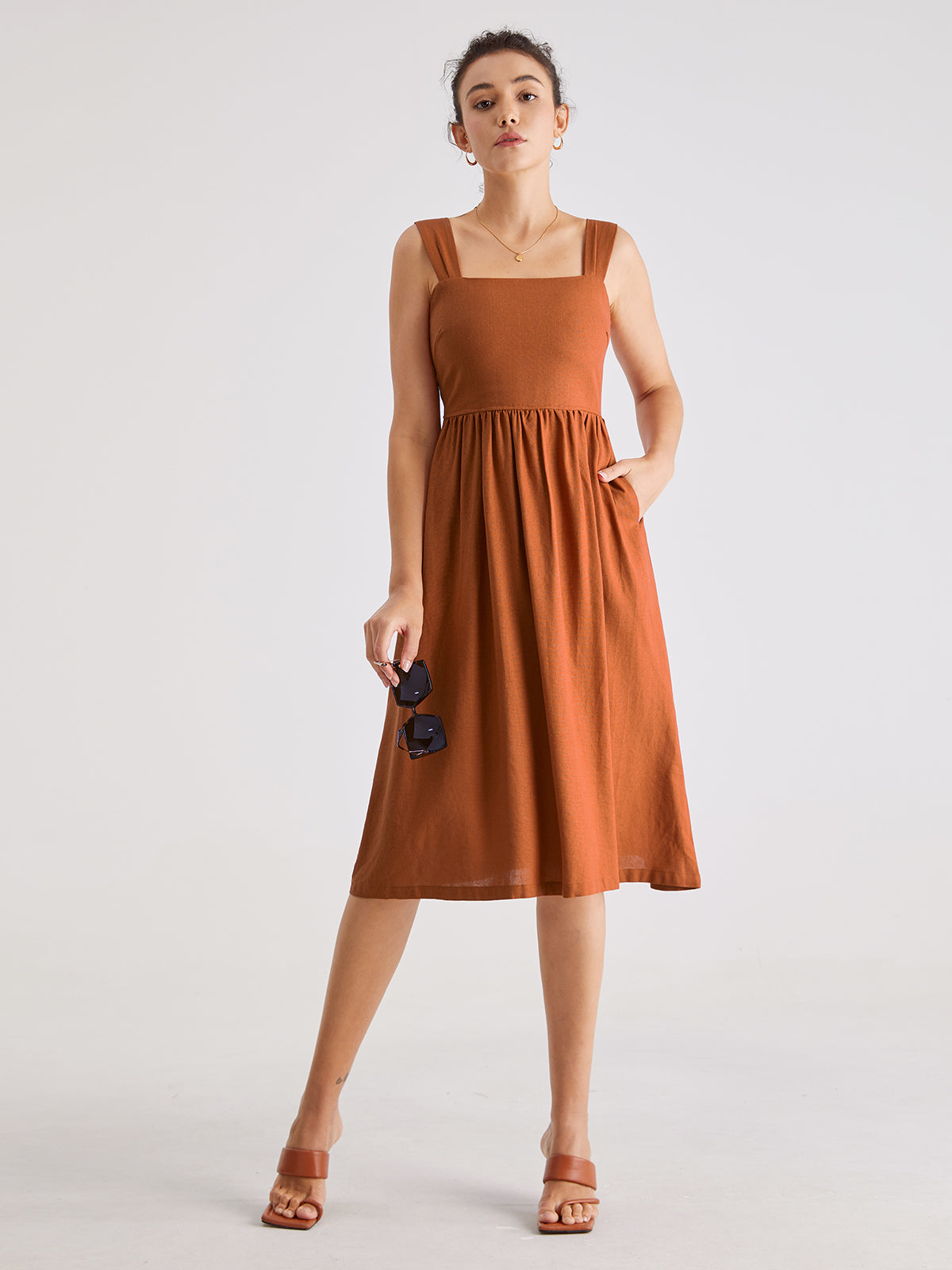 Square Neck A Line Pleat Strap Dress