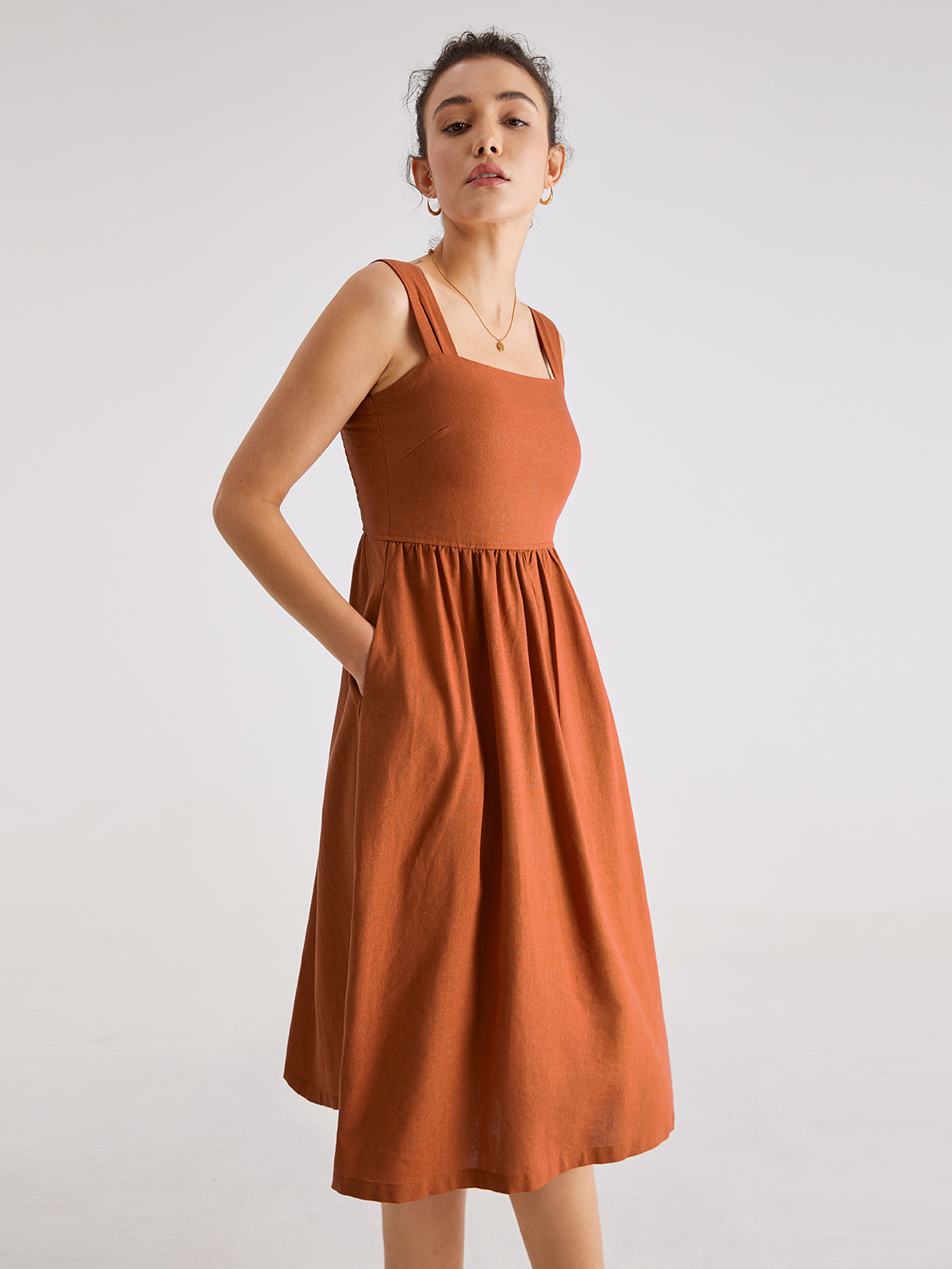 Square Neck A Line Pleat Strap Dress