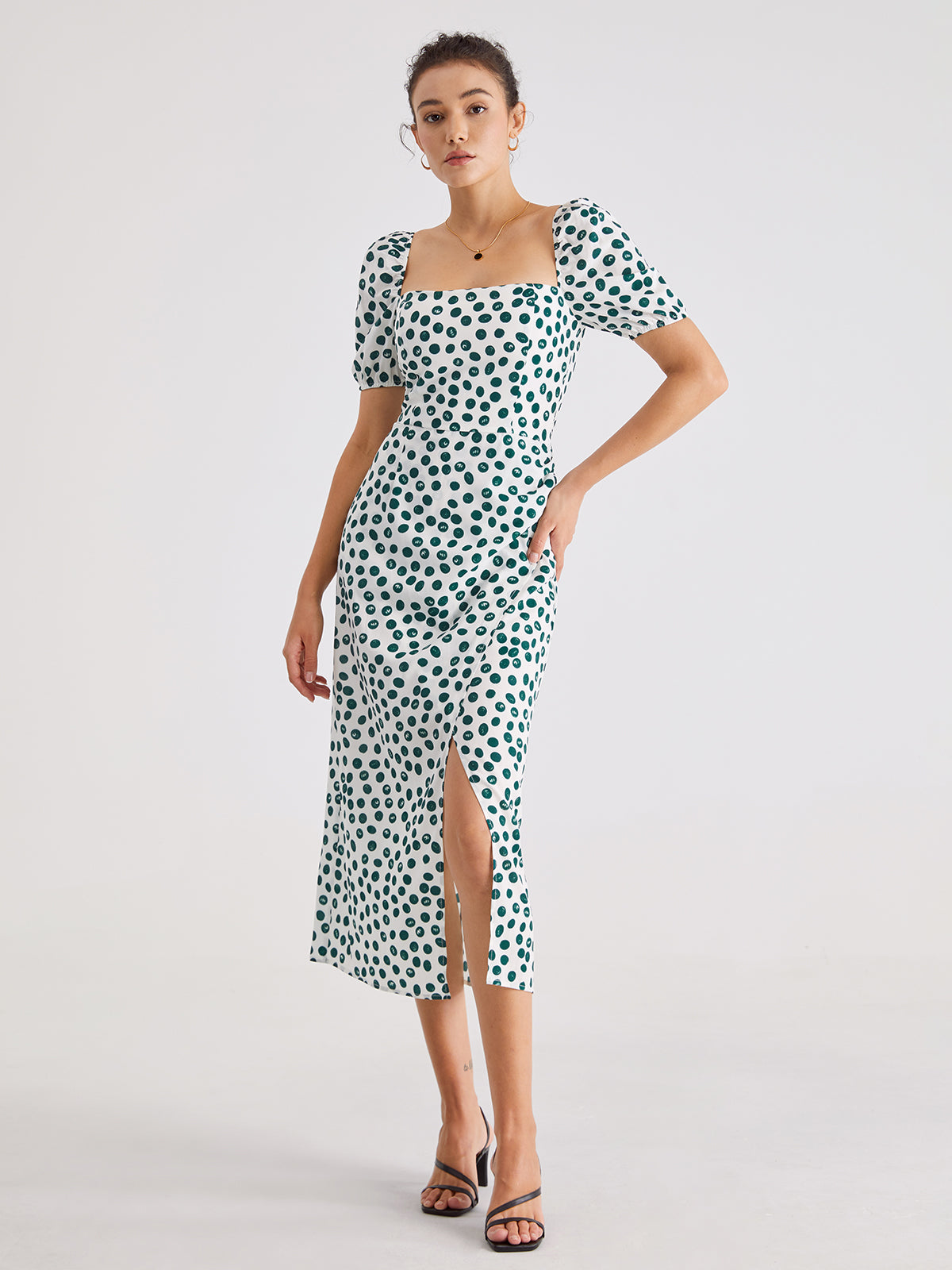 Short Puff Sleeve Spotted Midi Dress