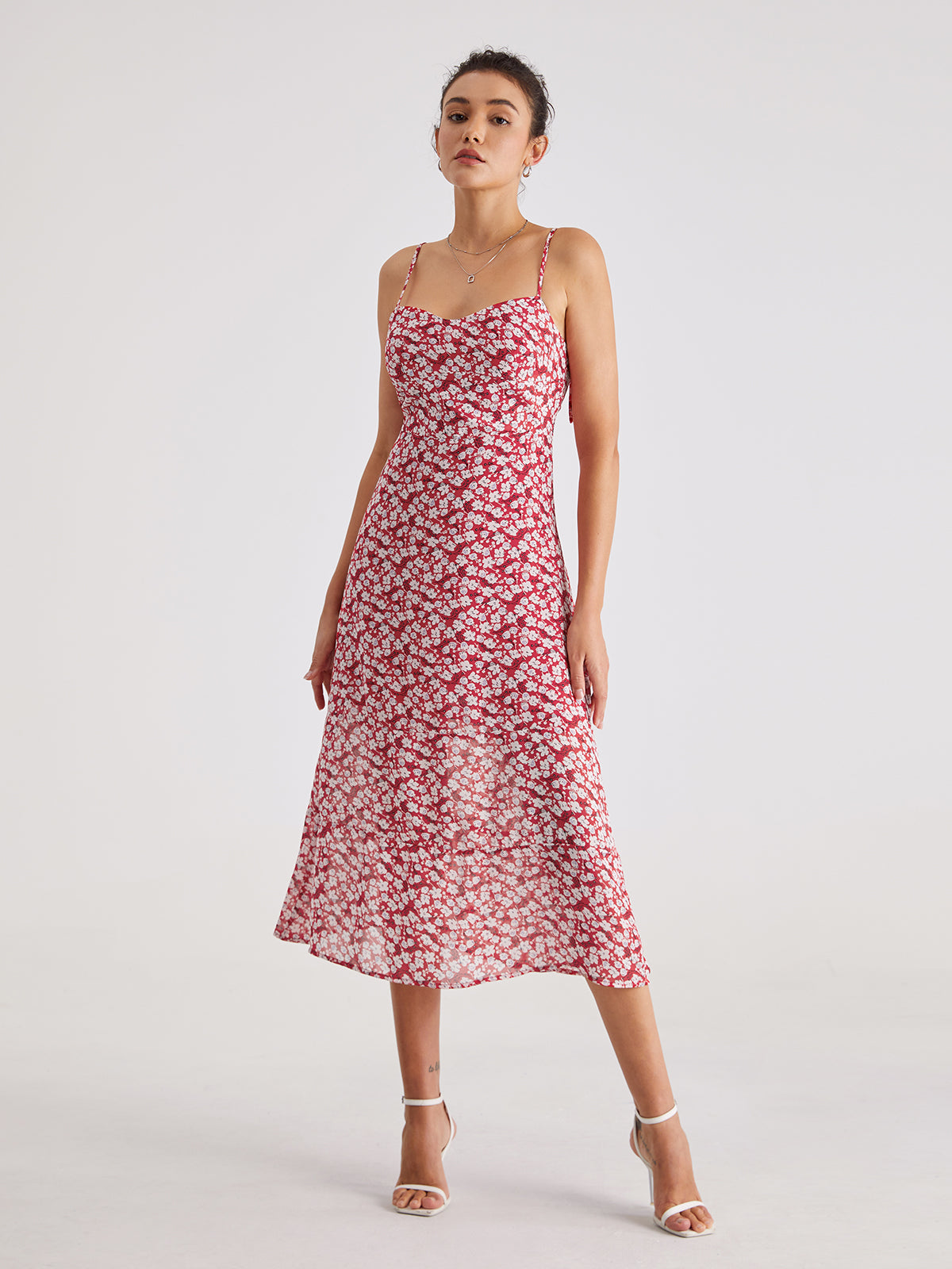 Sweetheart Floral Midi Strap Dress