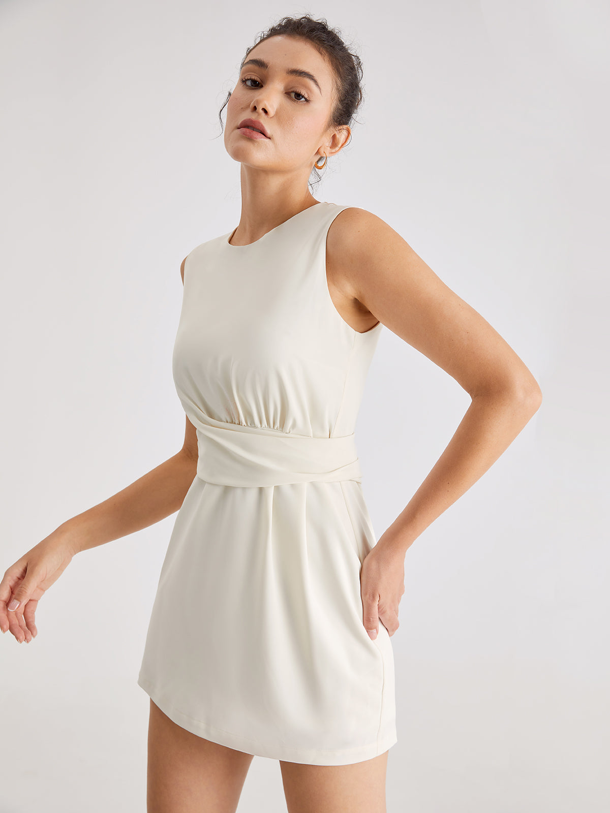 Sleeveless Wrap Pleat Mini Stretch Dress