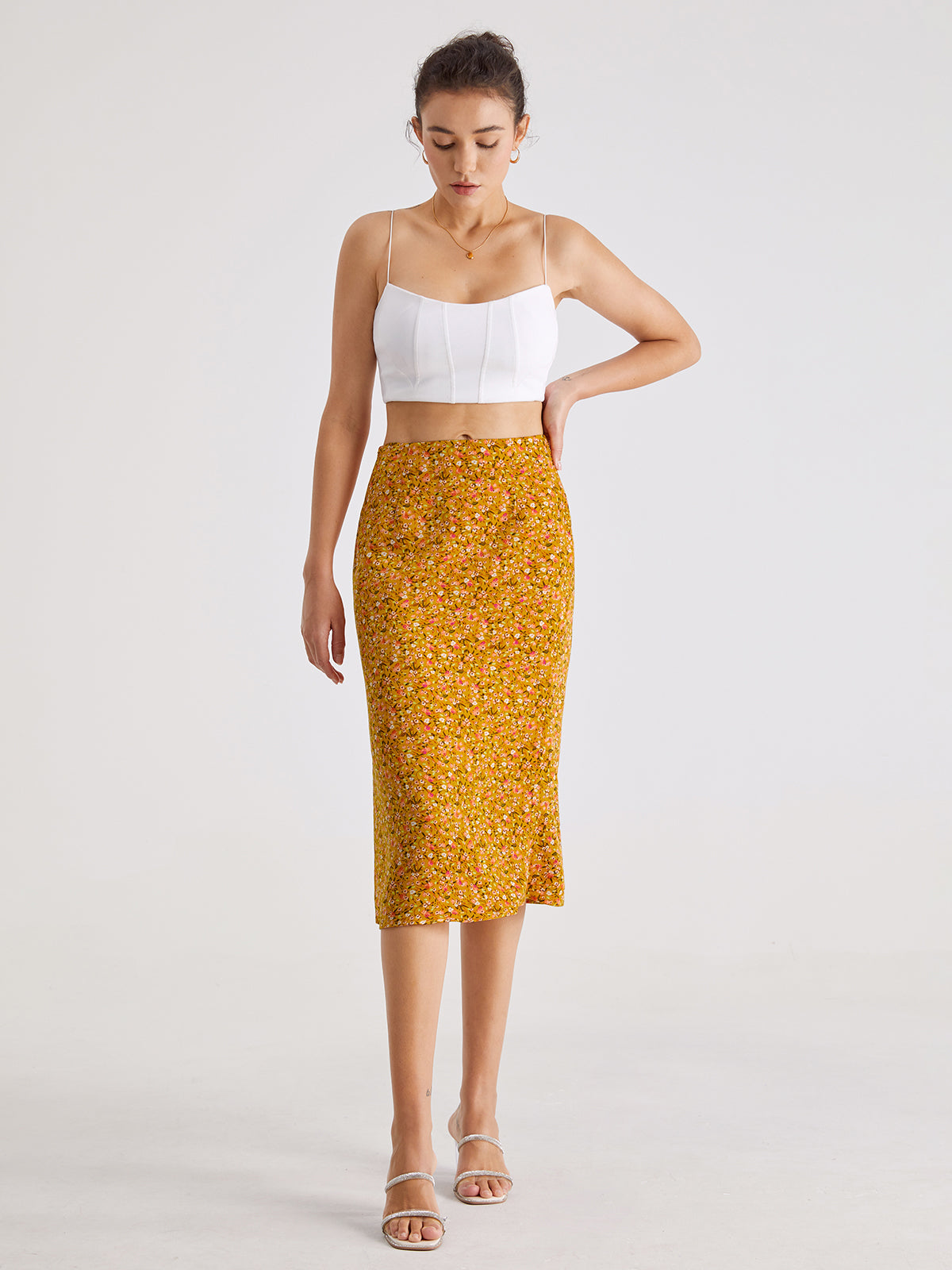 High Waisted Floral Mosaic Midi Skirt