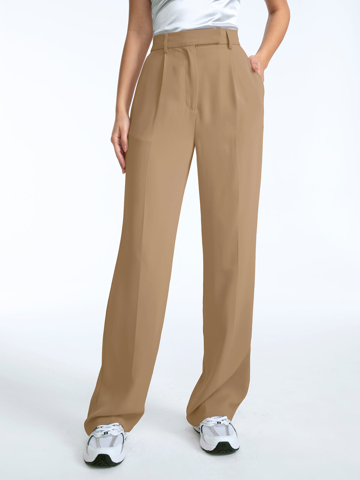 High Waisted Straight Leg Pleat Front Trousers