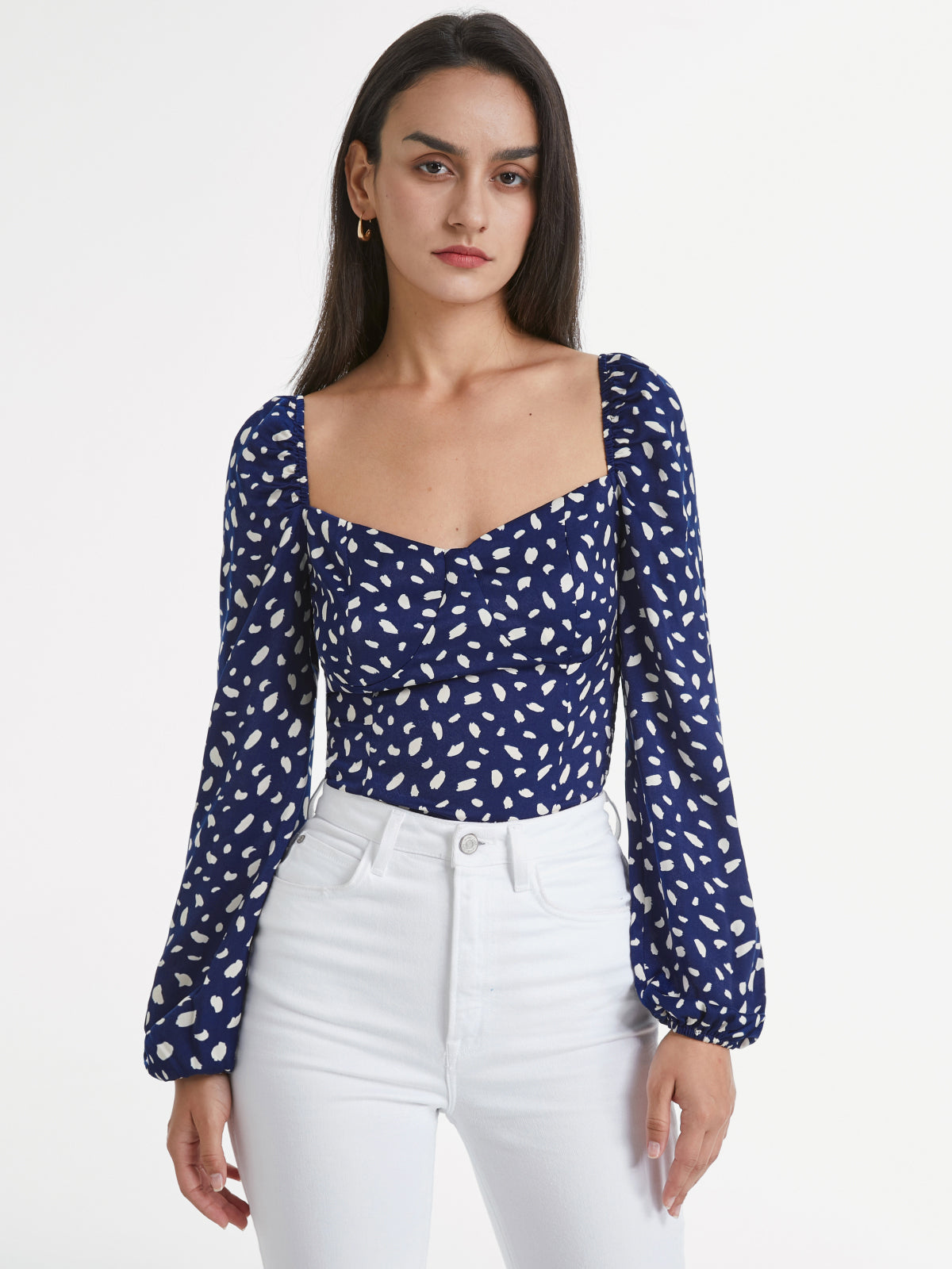 Sweetheart Contour Long Puff Sleeve Printed Top