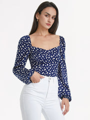 Sweetheart Contour Long Puff Sleeve Printed Top