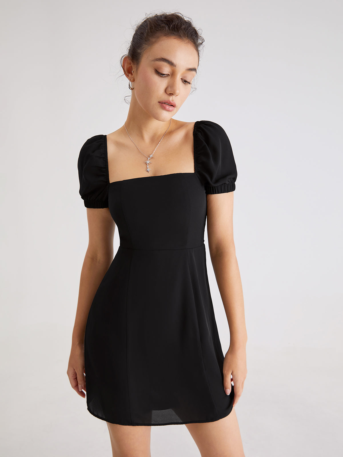 Short Puff Sleeve Dress With Mesh Overlay