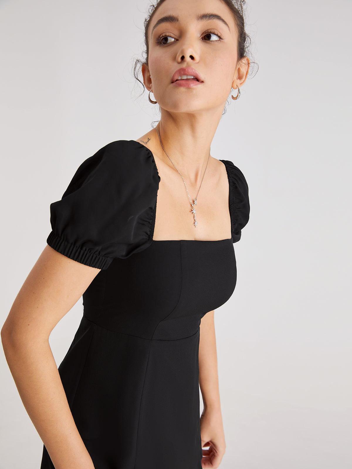 Short Puff Sleeve Dress With Mesh Overlay