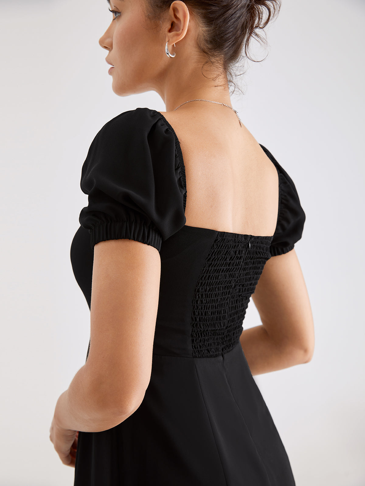 Short Puff Sleeve Dress With Mesh Overlay