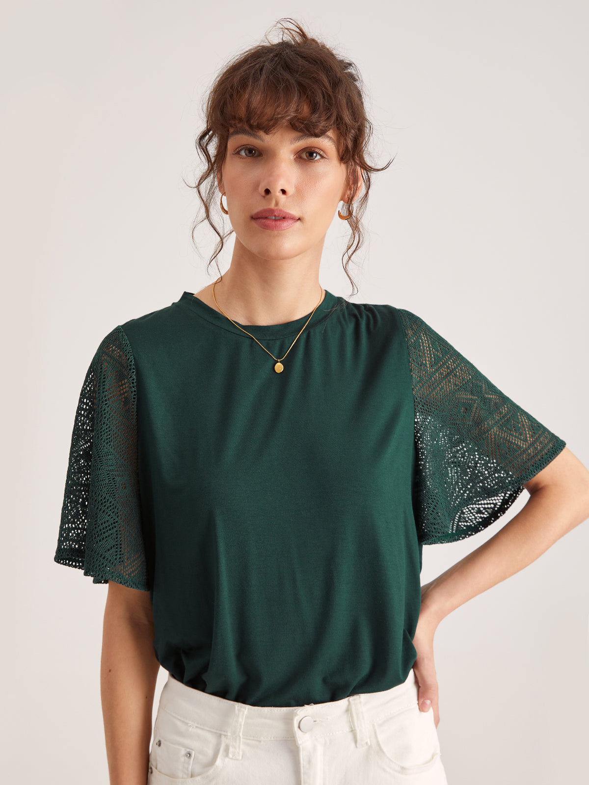 Emerald Green Contrast Lace Flutter Sleeve T-Shirt