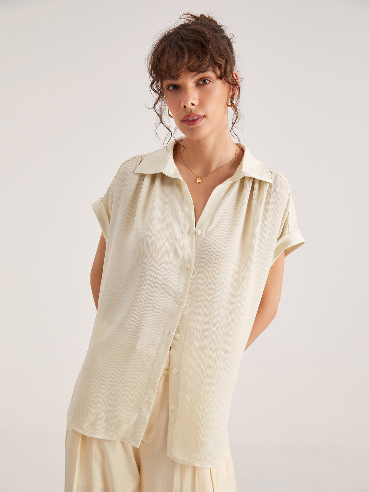 Drop Shoulder Pleat Button Up Shirt