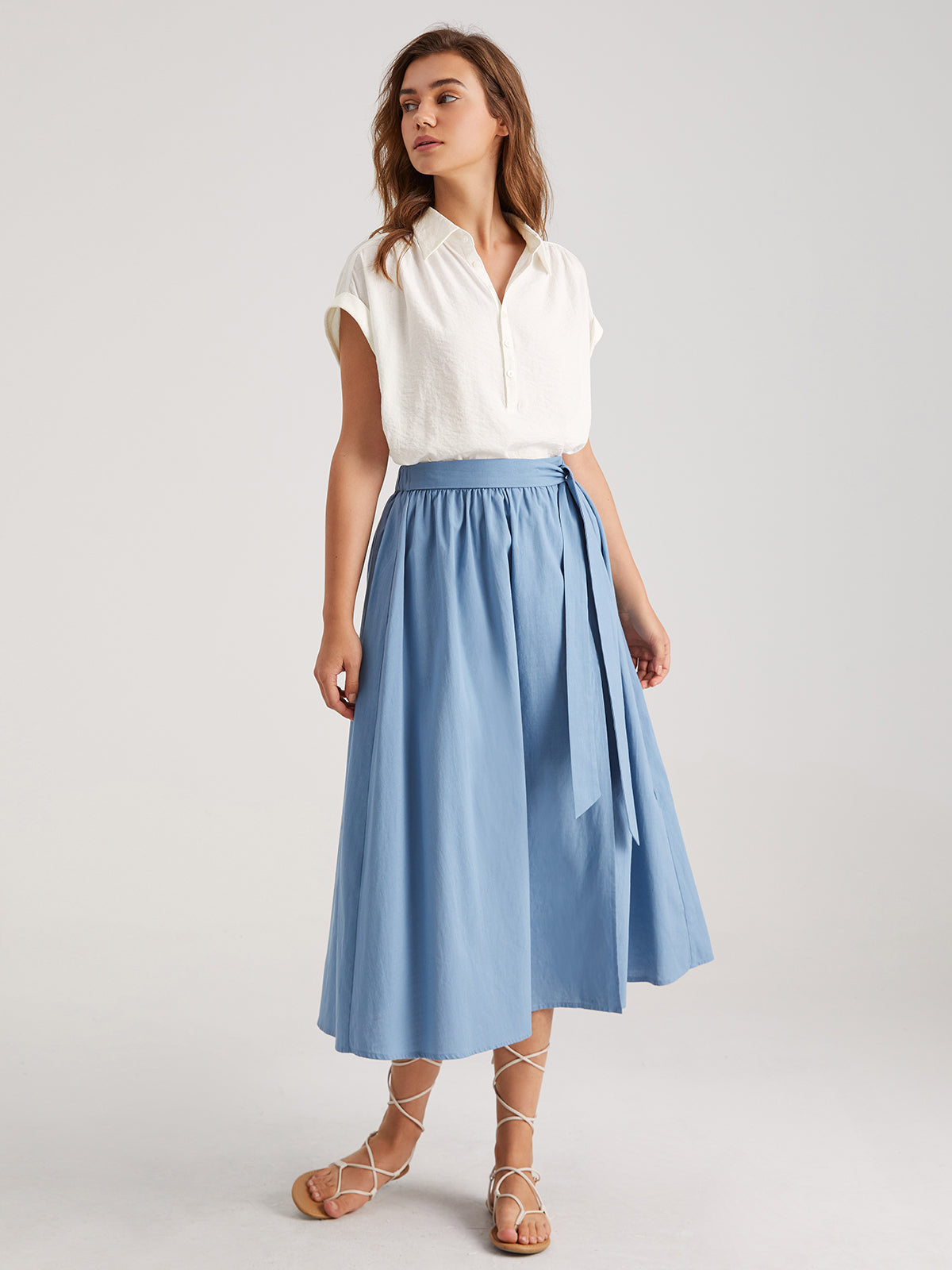 Solid Colored Side Tie Midi Skirt