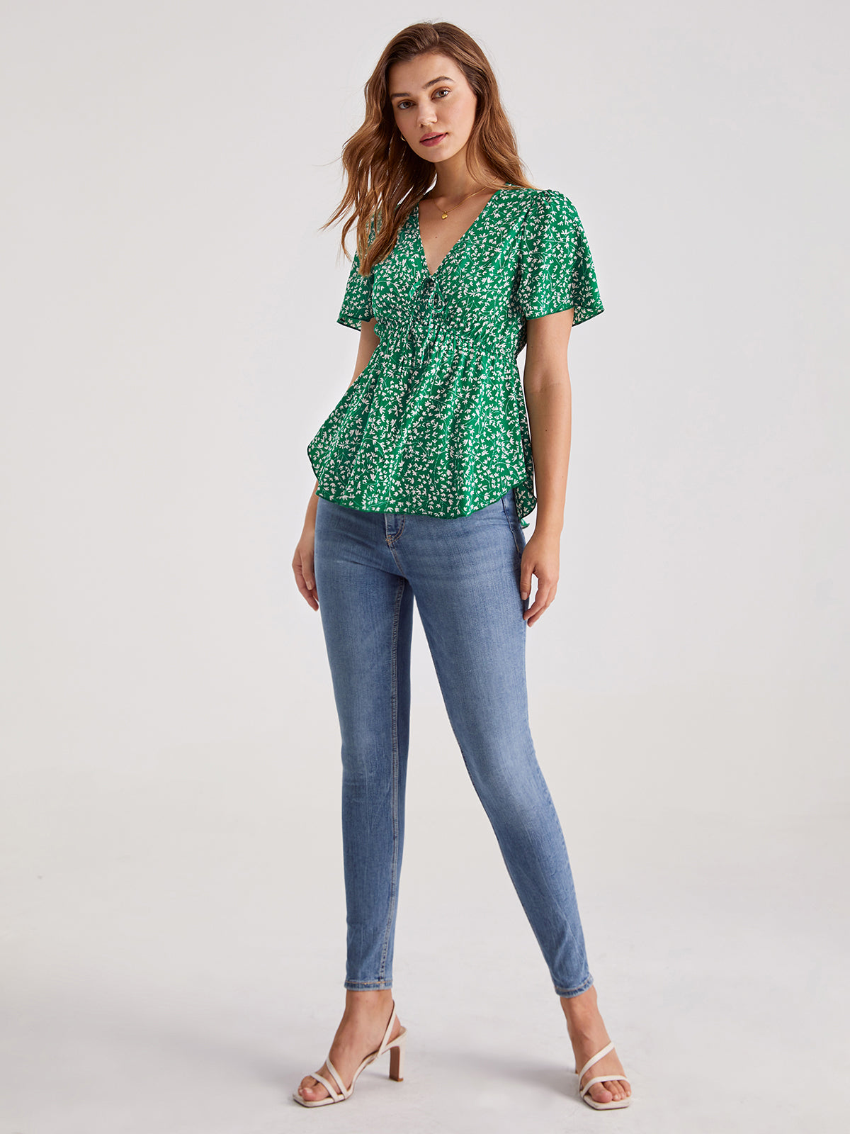 V-Neck Floral Ruche Short Sleeve Top