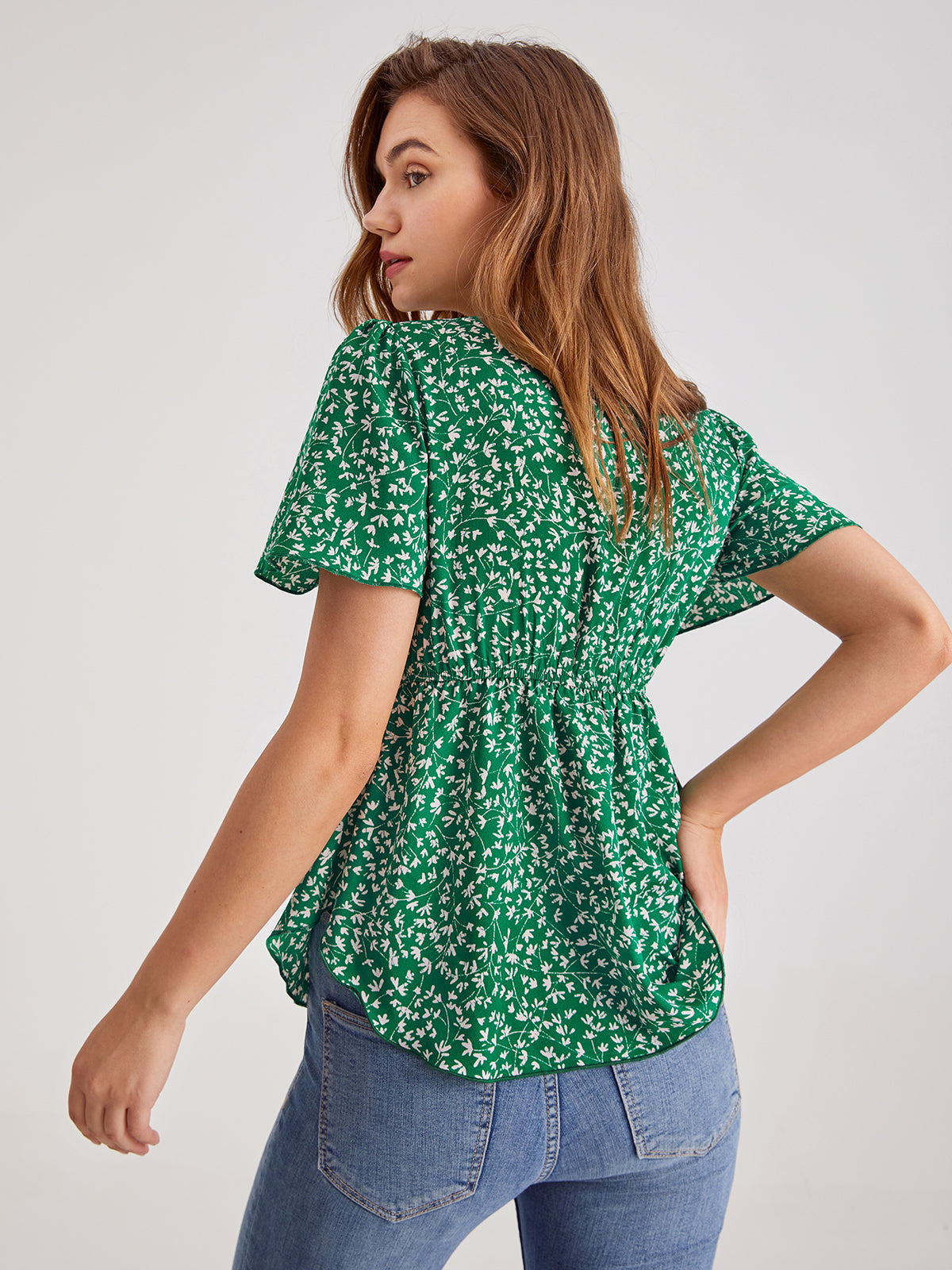 V-Neck Floral Ruche Short Sleeve Top