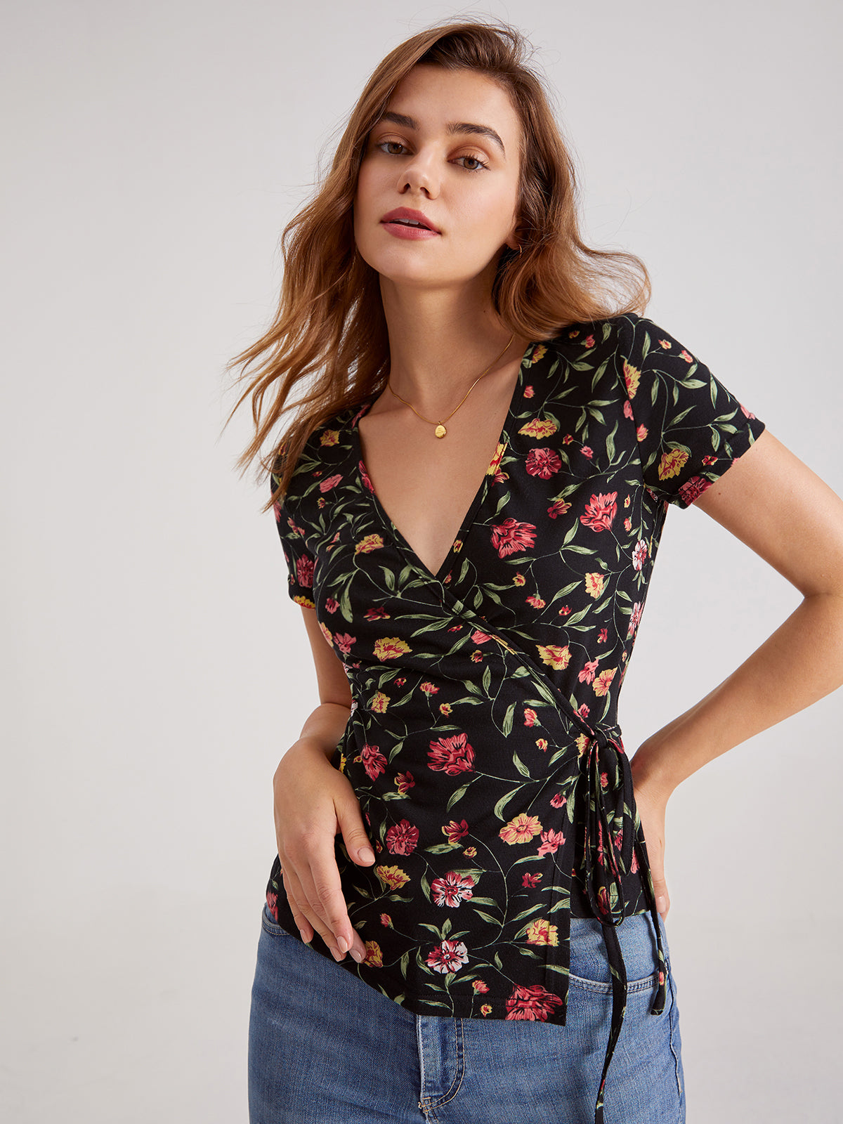 V-Neck Floral Wrap Tie Top