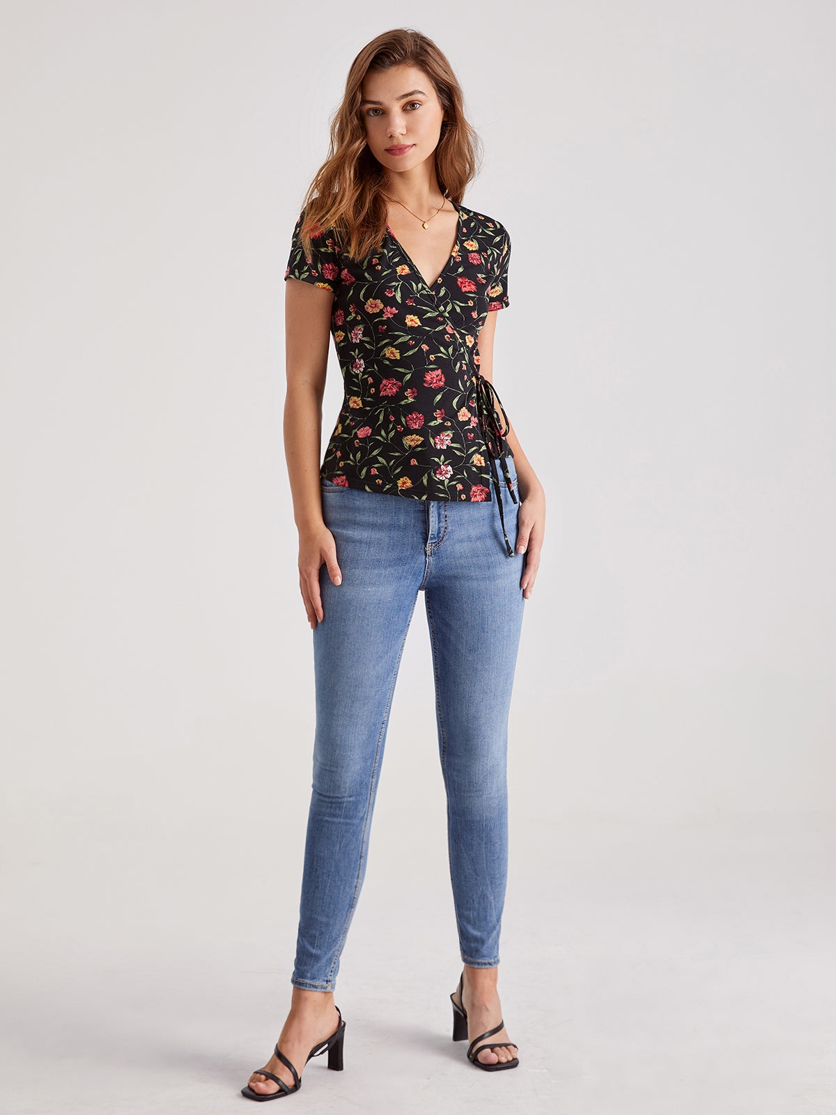 V-Neck Floral Wrap Tie Top