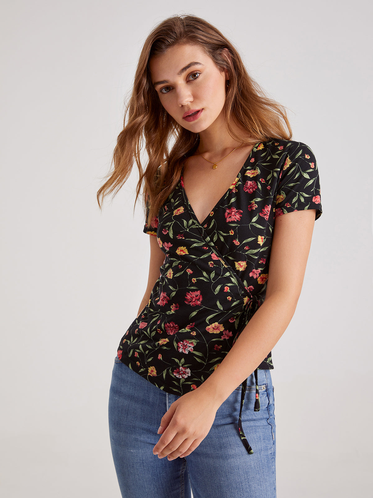 V-Neck Floral Wrap Tie Top