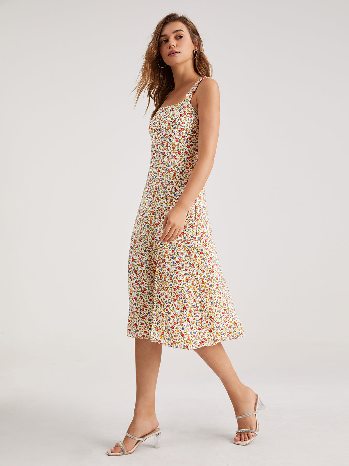 Sweetheart Light Floral Slit Midi Dress