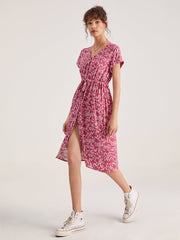 Cap Sleeve V-Neck Floral Tie Front Button Through Dress