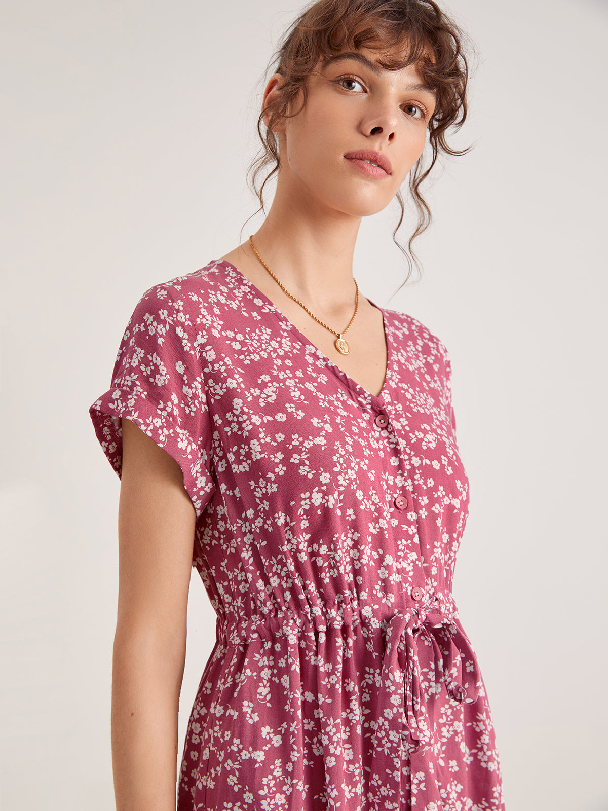 Cap Sleeve V-Neck Floral Tie Front Button Through Dress