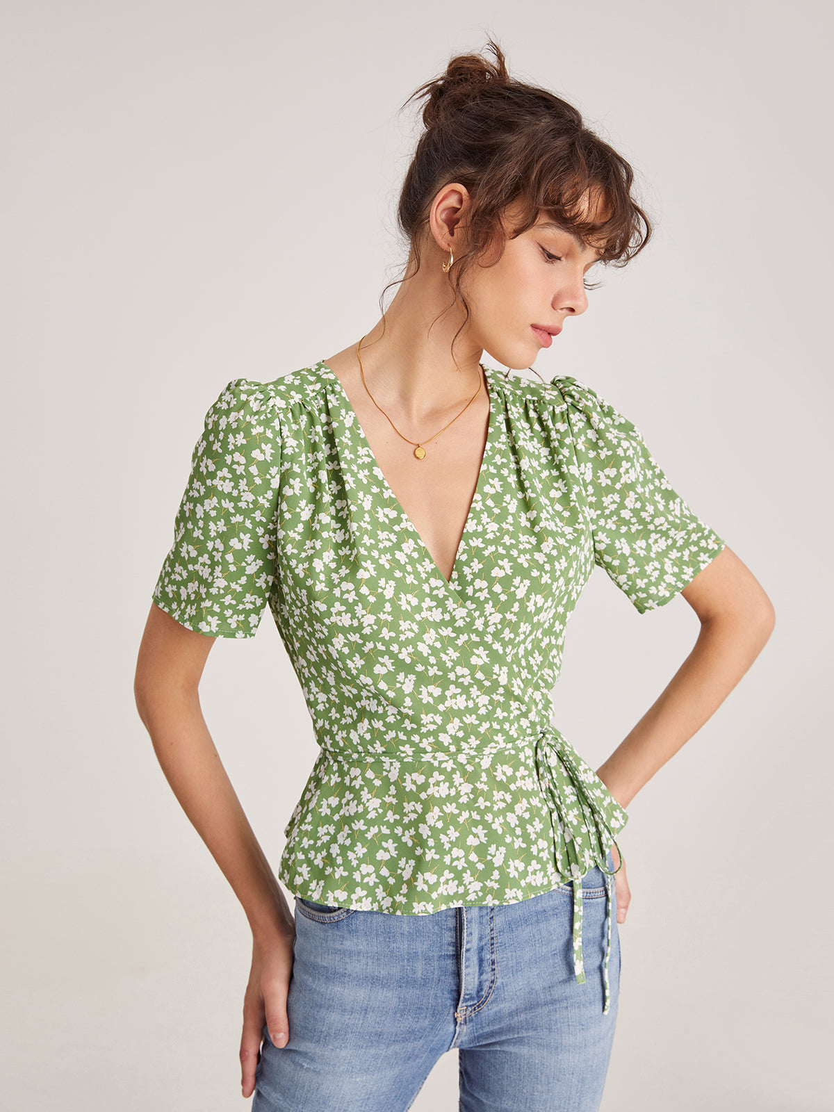 Floral Shoulder Pleat Wrap Top