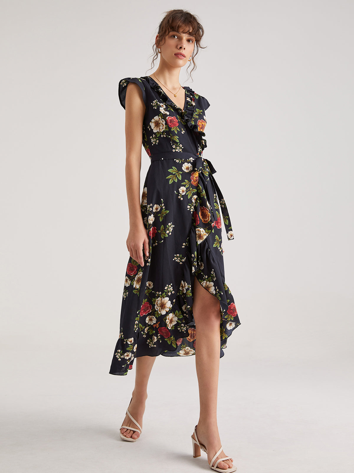 Contrast Floral Print V-Neck Cap Sleeve Slit Dress