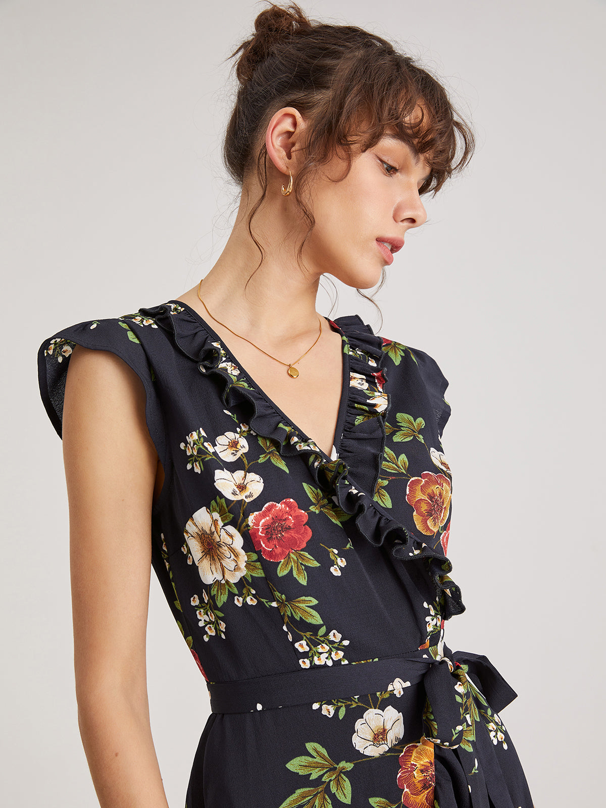 Contrast Floral Print V-Neck Cap Sleeve Slit Dress