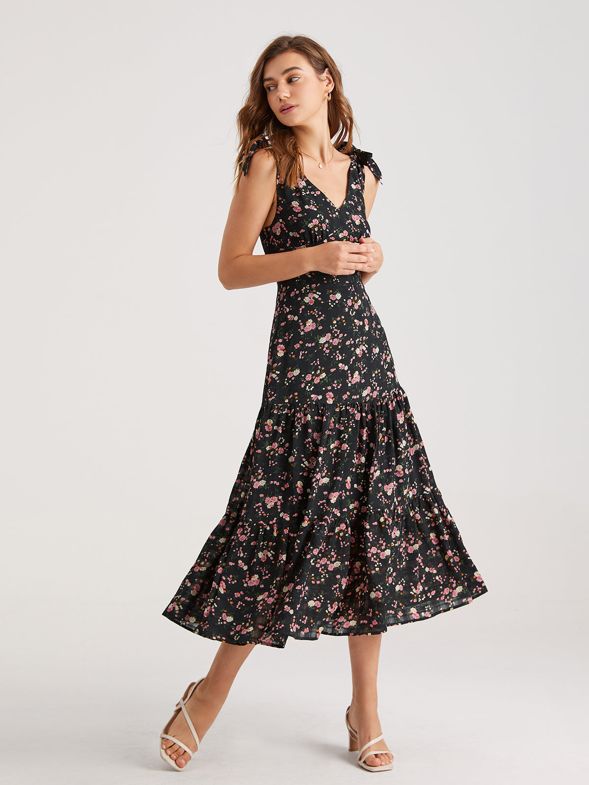 Tie Strap Contrast Floral Midi Dress