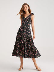 Tie Strap Contrast Floral Midi Dress