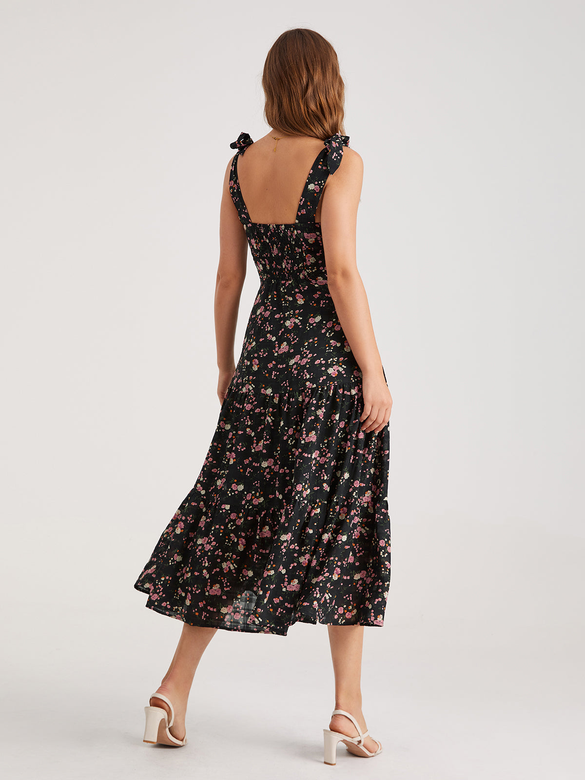 Tie Strap Contrast Floral Midi Dress