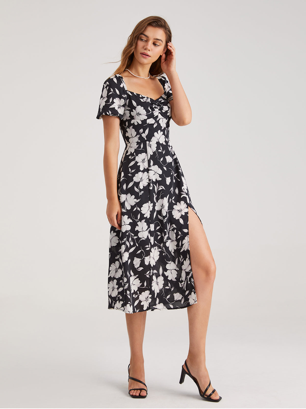 Short Puff Sleeve Square Neck Midi Slit Dress