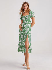 Puff Sleeve Floral Ruffle Midi Dress