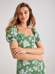 Puff Sleeve Floral Ruffle Midi Dress