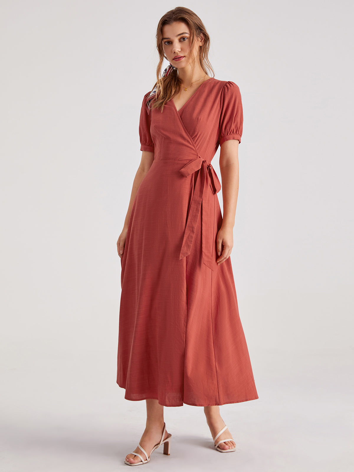 V-Neck Wrap Side Tie Maxi Dress