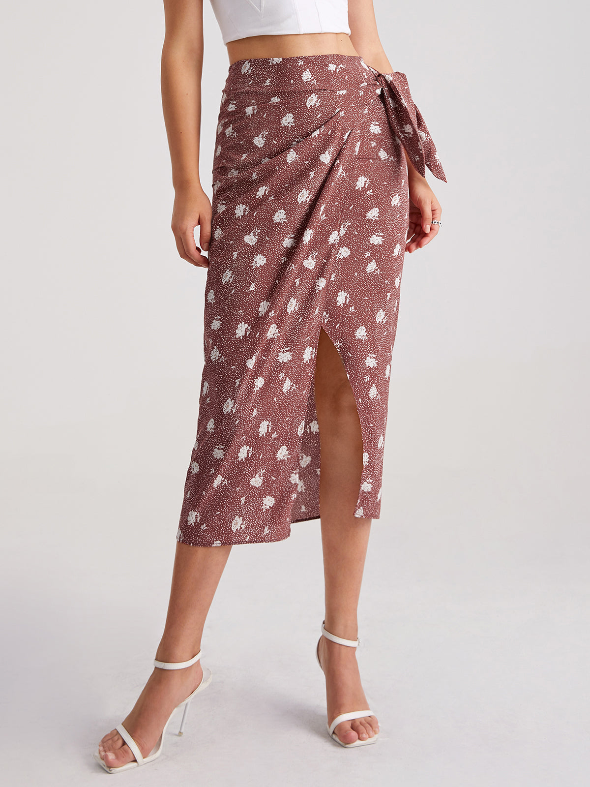 High Waisted Floral Belted Slit Wrap Skirt