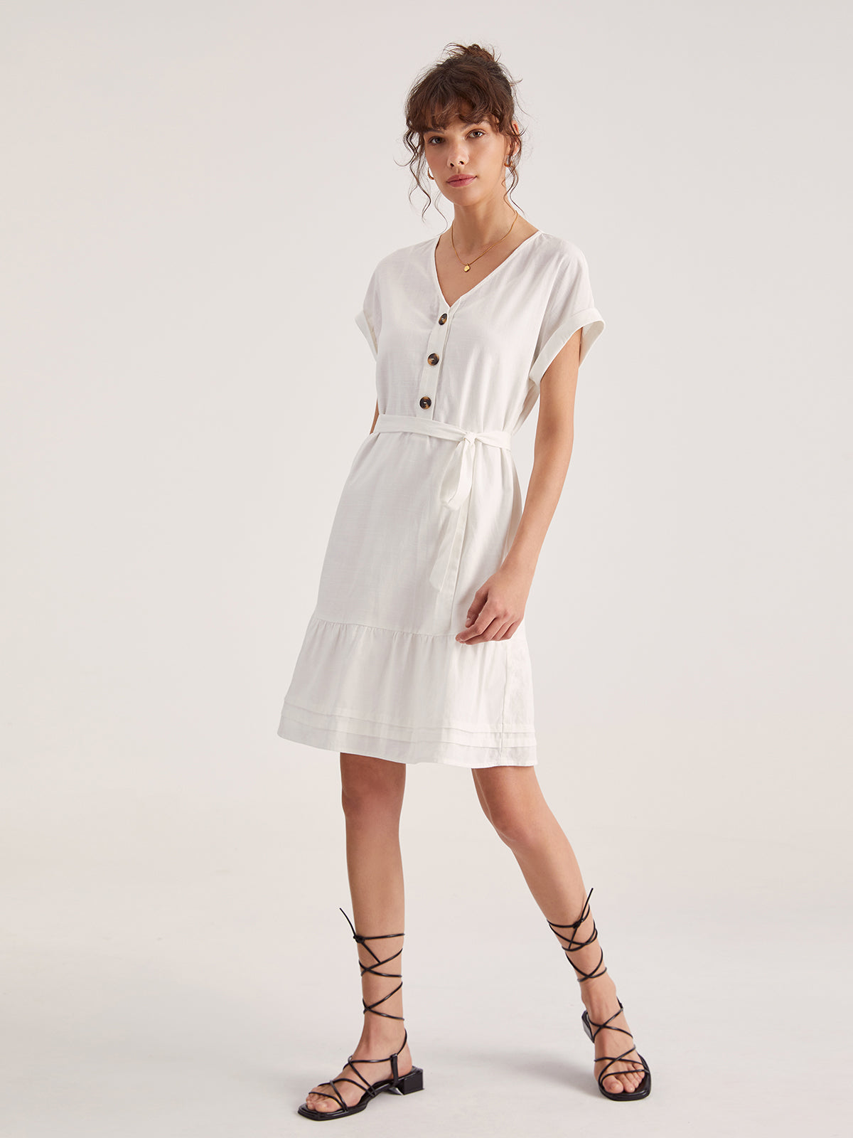 Folded Sleeve Button Belted Short Dress