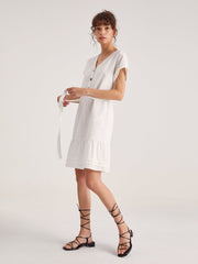 Folded Sleeve Button Belted Short Dress