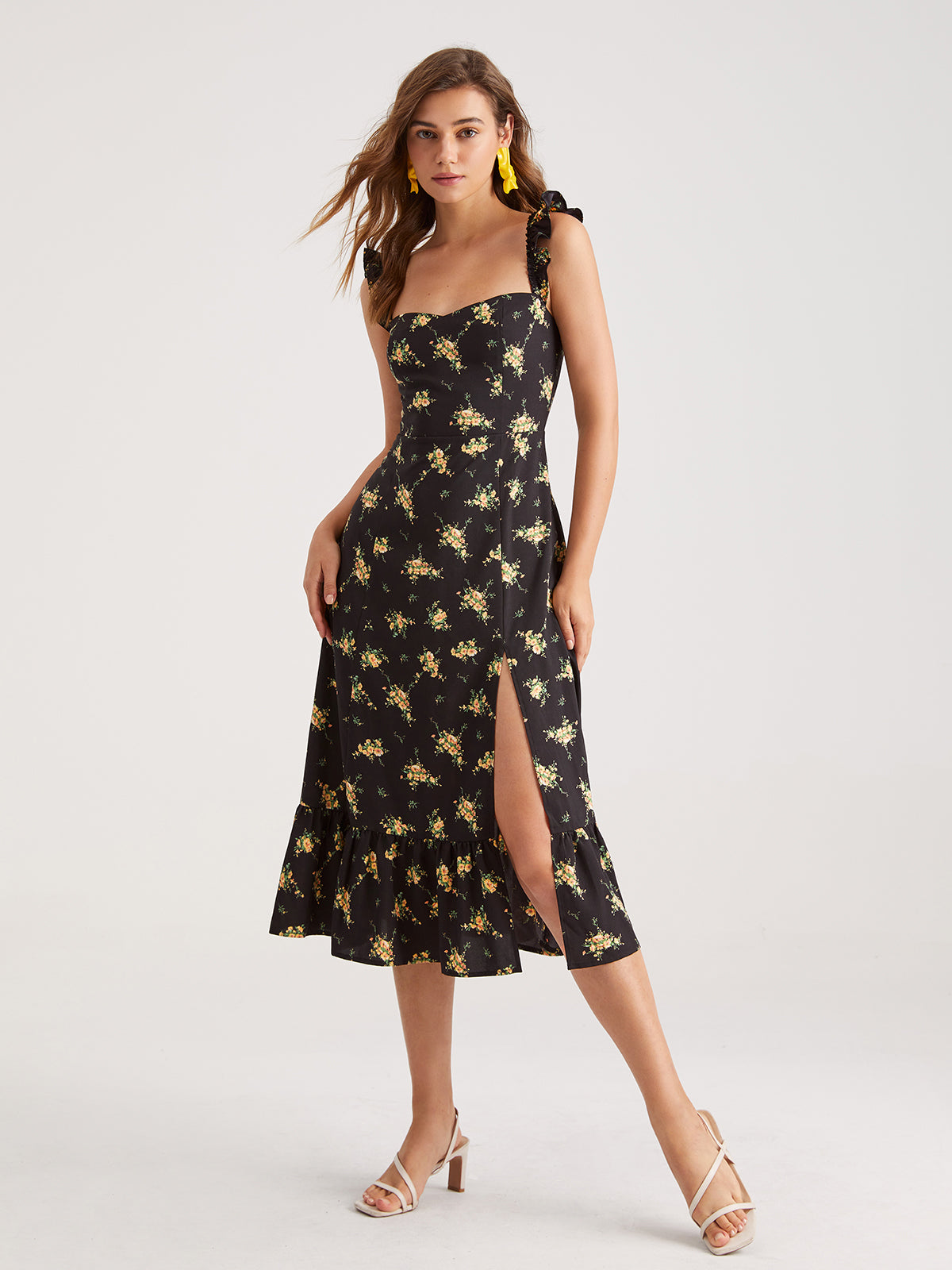 Square Neck Floral Ruffle Midi Dress