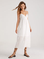 V-Neck Eyelet Shirred Maxi Dress