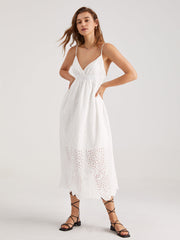 V-Neck Eyelet Shirred Maxi Dress