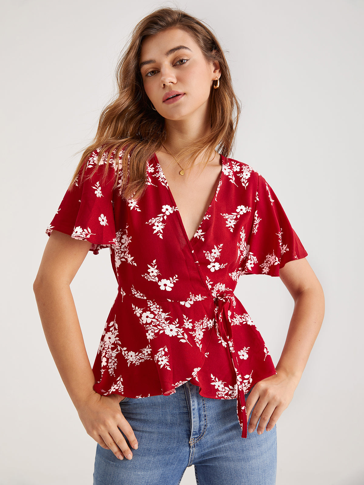 V-Neck Floral Wrap Tie Top