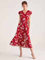 Ruby Balloon Floral Wrap Tie Front Midi Dress